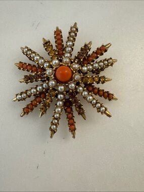 Vintage Arthur Pepper signed Gold-Tone Coral & Pearl Starburst Brooch